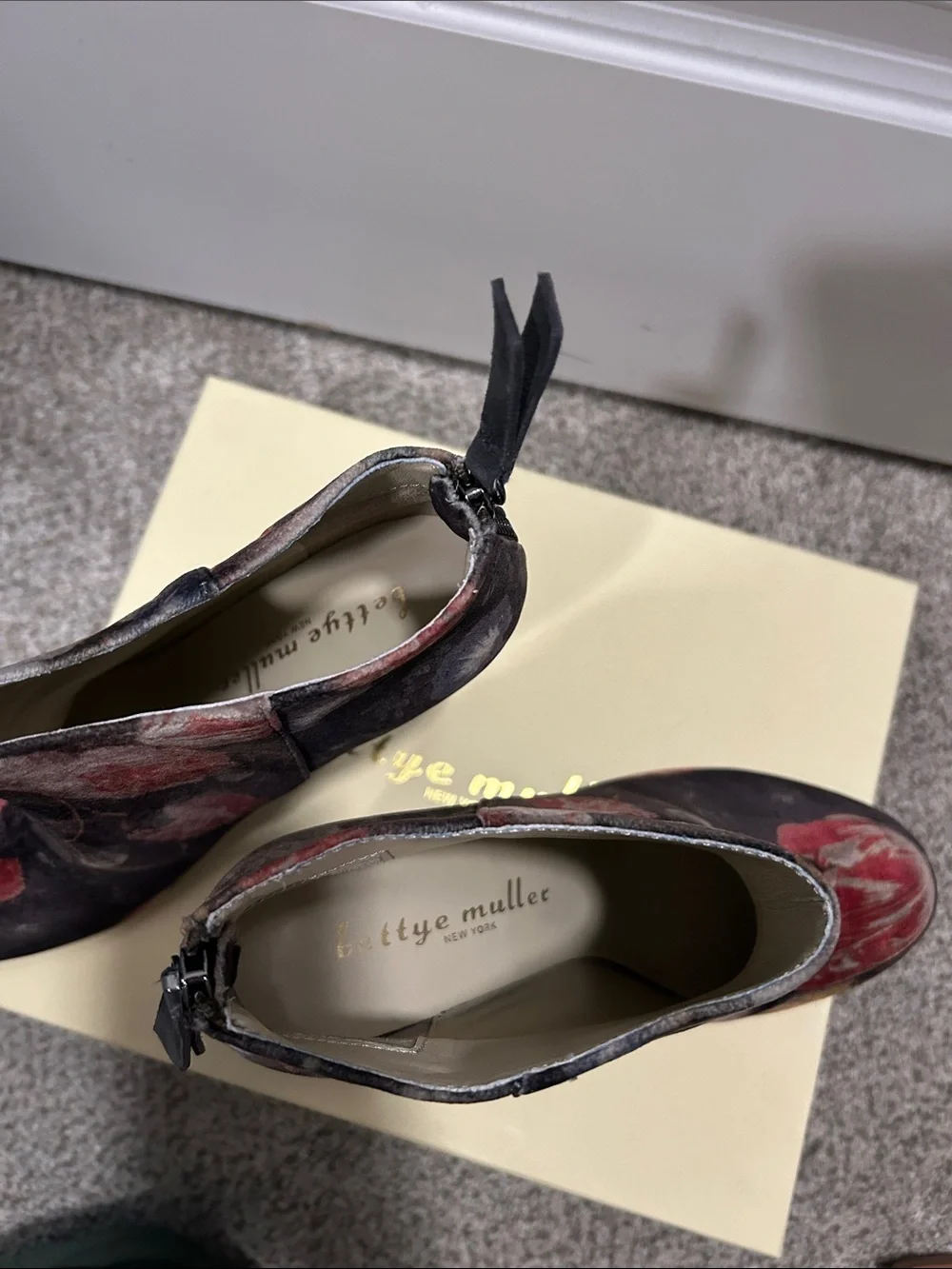 bettye muller Black Floral Velvet Block Heel Ankle Boots